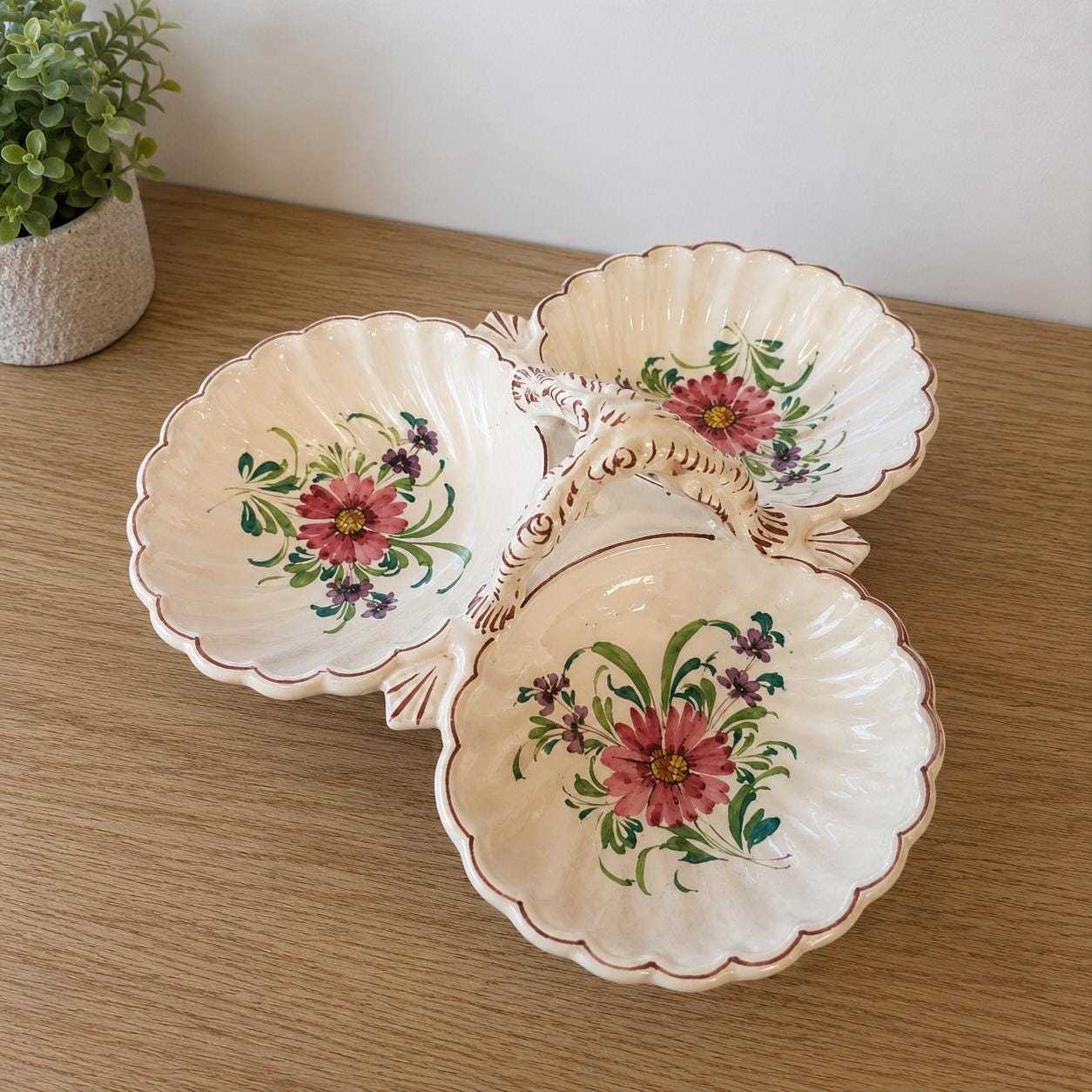 Vintage Italy Hand Painted Triple Shell Relish Dish Floral Ceramic Candy Nut Server