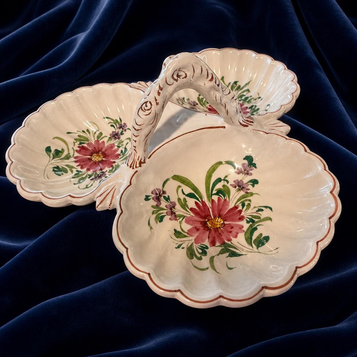 Vintage Italy Hand Painted Triple Shell Relish Dish Floral Ceramic Candy Nut Server