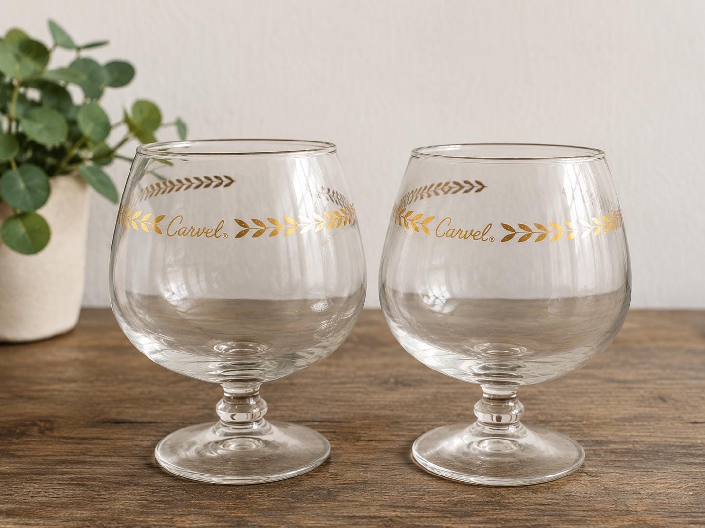 Vintage Carvel Ice Cream Brandy Snifter Glass  Gold Laurel Logo  Mid Century Promotional Barware,
