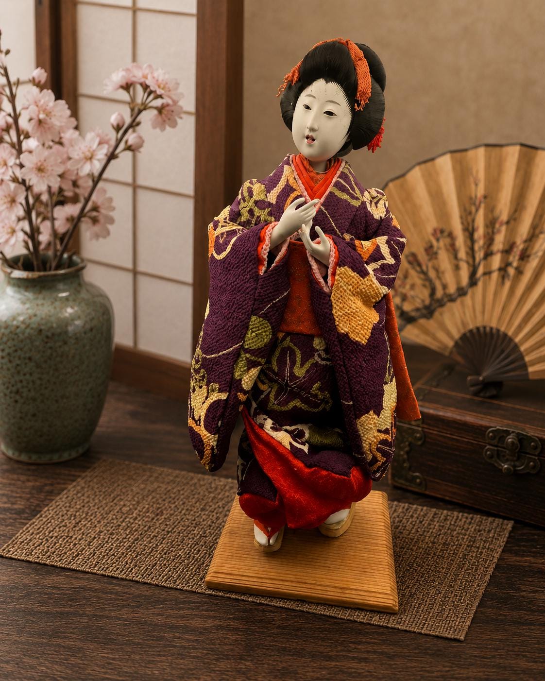 Vintage Japanese Geisha Doll on Wood Stand  10" Traditional Kimono Display Doll