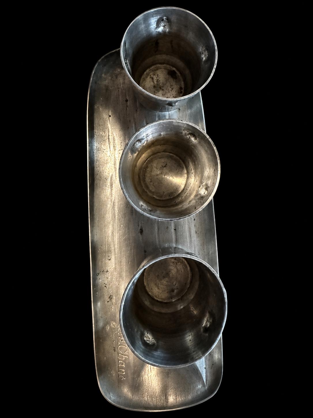 Signed A.E. Chanal French Pewter Cordial Set, Hand-Wrought Tray, 6 Cups