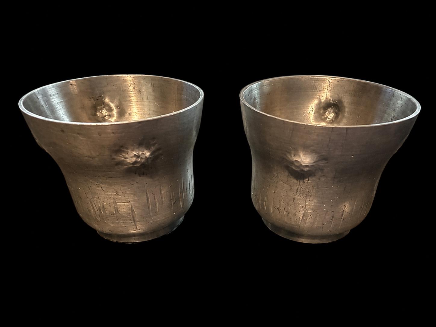 Signed A.E. Chanal French Pewter Cordial Set, Hand-Wrought Tray, 6 Cups