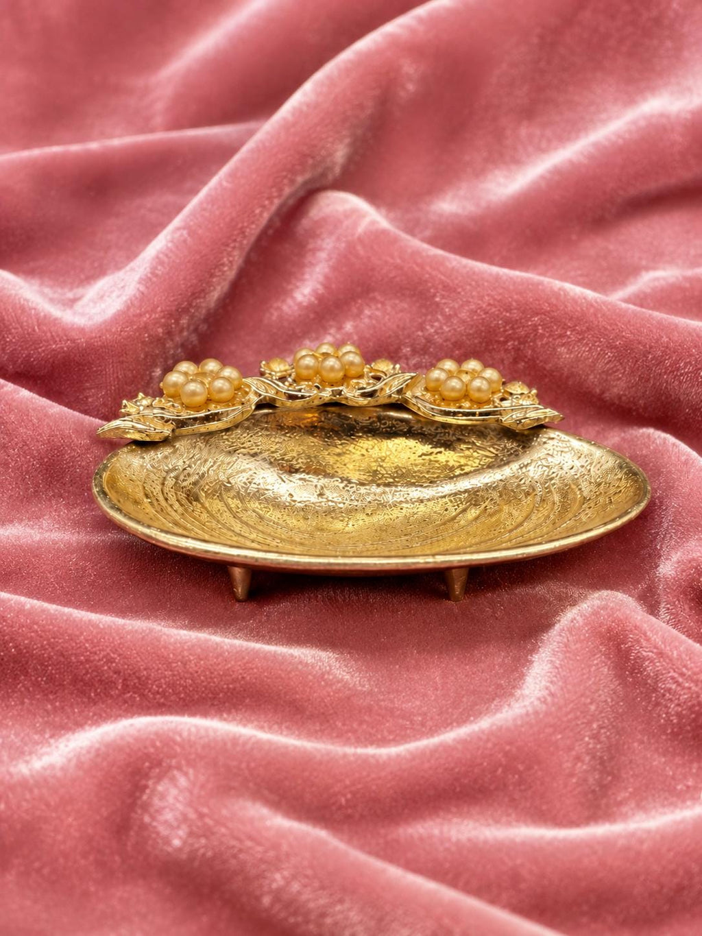 Vintage Gold Shell Trinket Dish Faux Pearl Grapes Footed Vanity Ring Dish Hollywood Regency