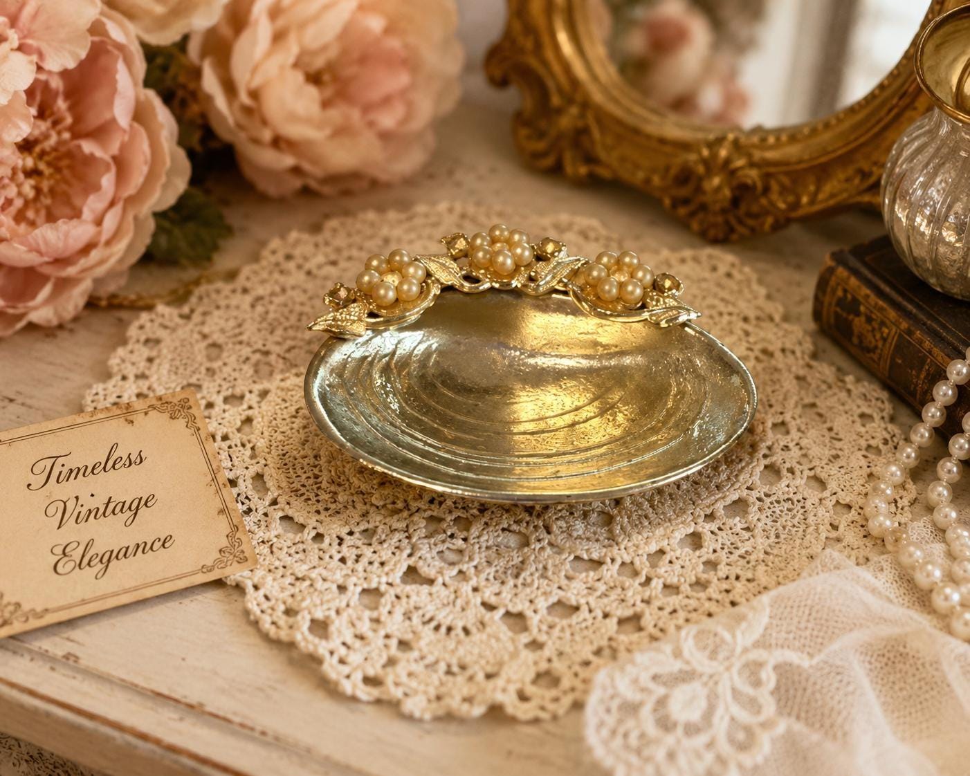 Vintage Gold Shell Trinket Dish Faux Pearl Grapes Footed Vanity Ring Dish Hollywood Regency