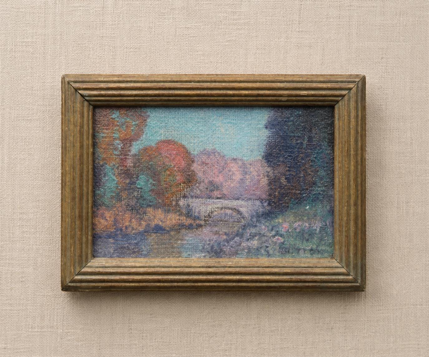 Small Signed Oil Painting Bridge at Staten Island NY Albert Pantic Button