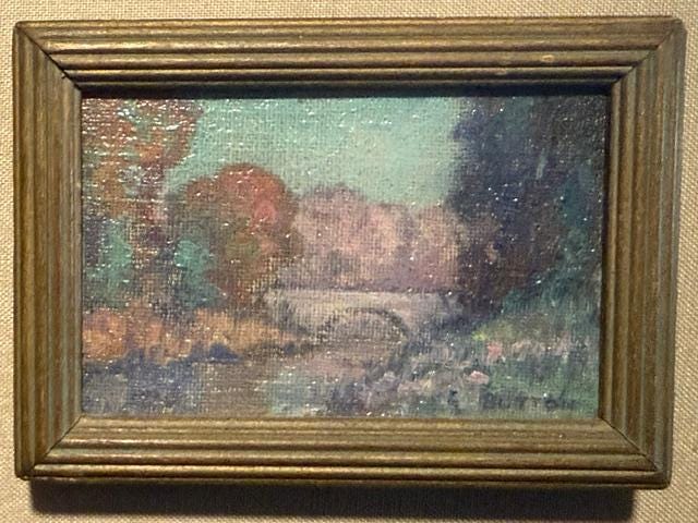 Small Signed Oil Painting Bridge at Staten Island NY Albert Pantic Button