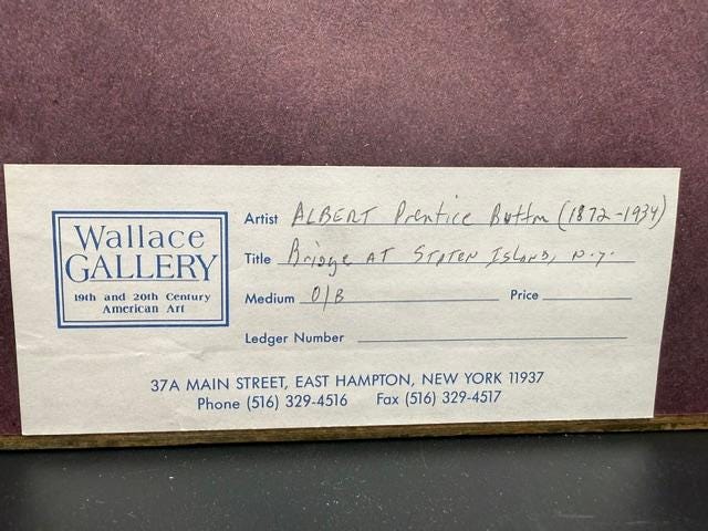 Small Signed Oil Painting Bridge at Staten Island NY Albert Pantic Button