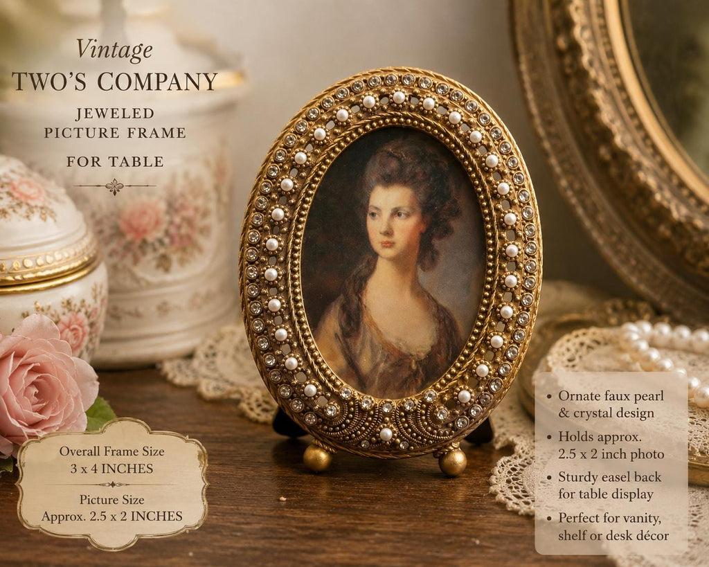 Small Vintage Twos Company Jeweled Oval Table Picture Frame Faux Pearl Rhinestone