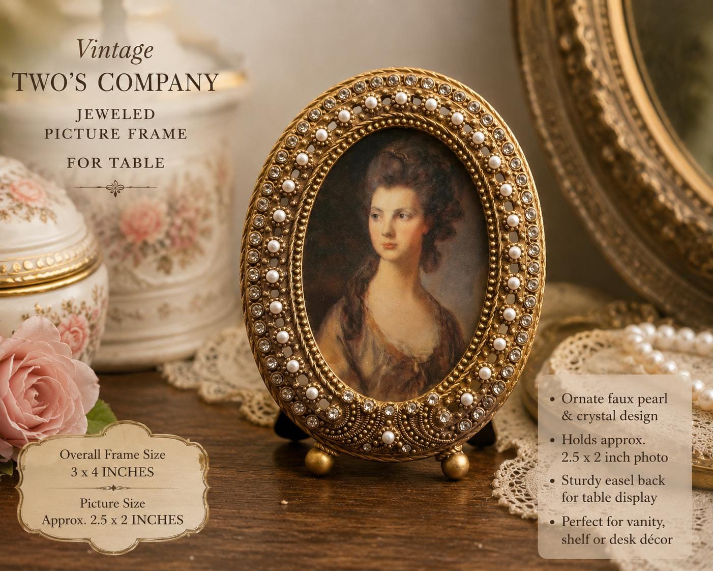Small Vintage Twos Company Jeweled Oval Table Picture Frame Faux Pearl Rhinestone