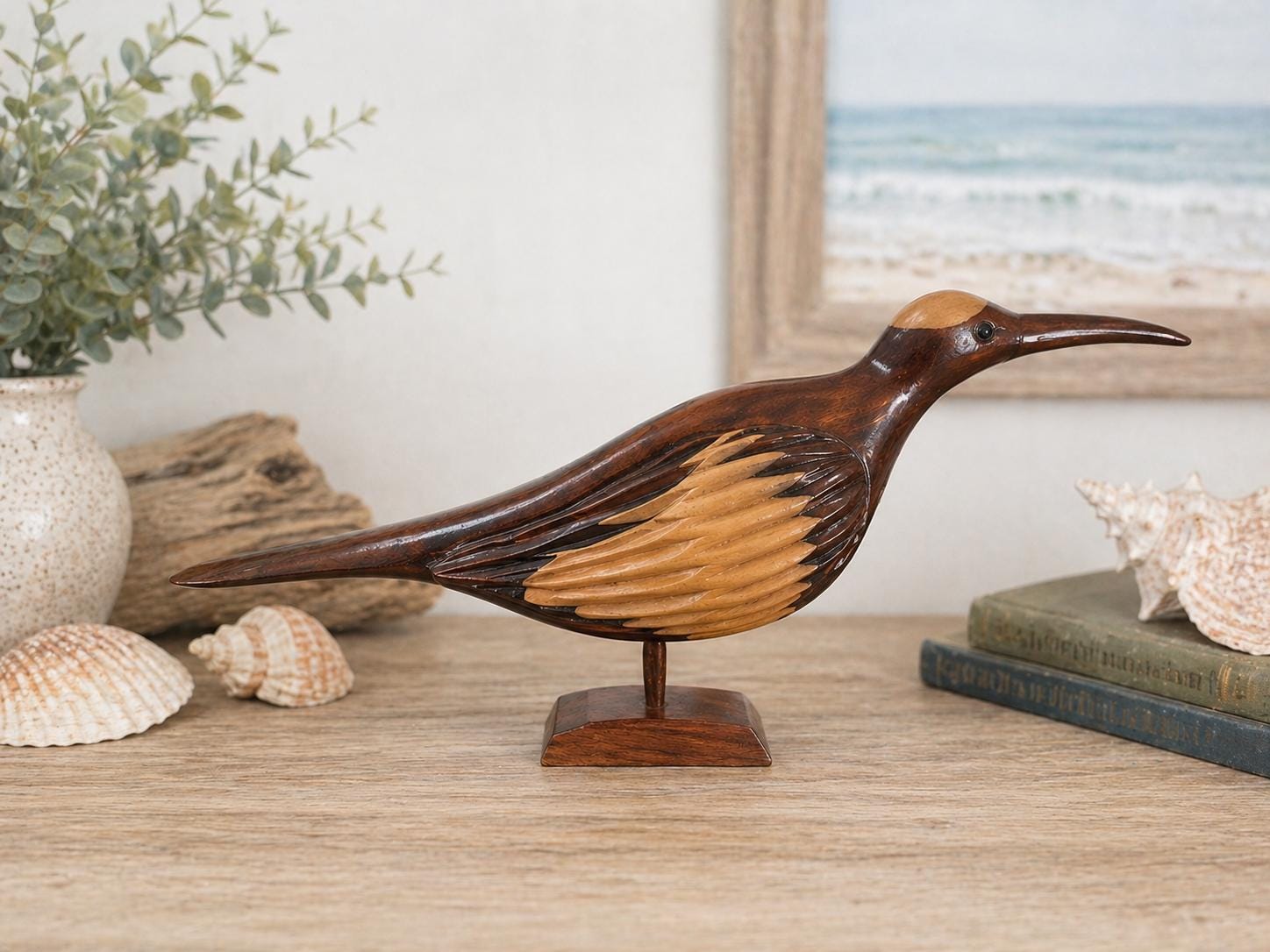 Artisan Carved Shorebird | Natural Wood Bird Sculpture | Coastal Living Decor