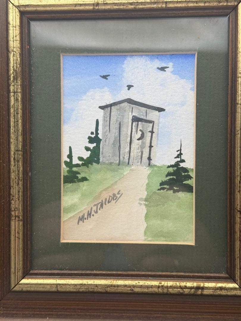 Vintage Miniature Watercolor Painting Folk Art Landscape