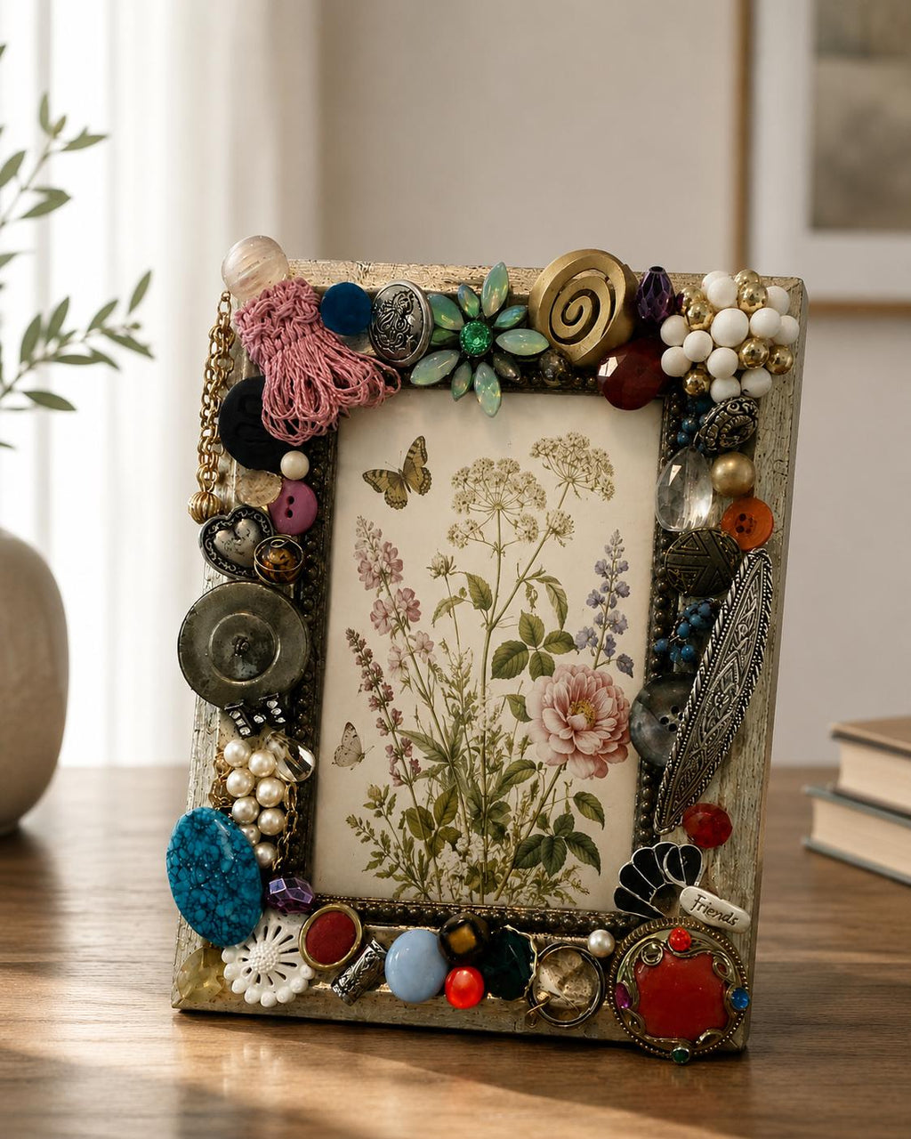 OOAK Handmade Vintage Jewelry Assemblage Picture Frame  Boho Eclectic Tabletop Photo Frame
