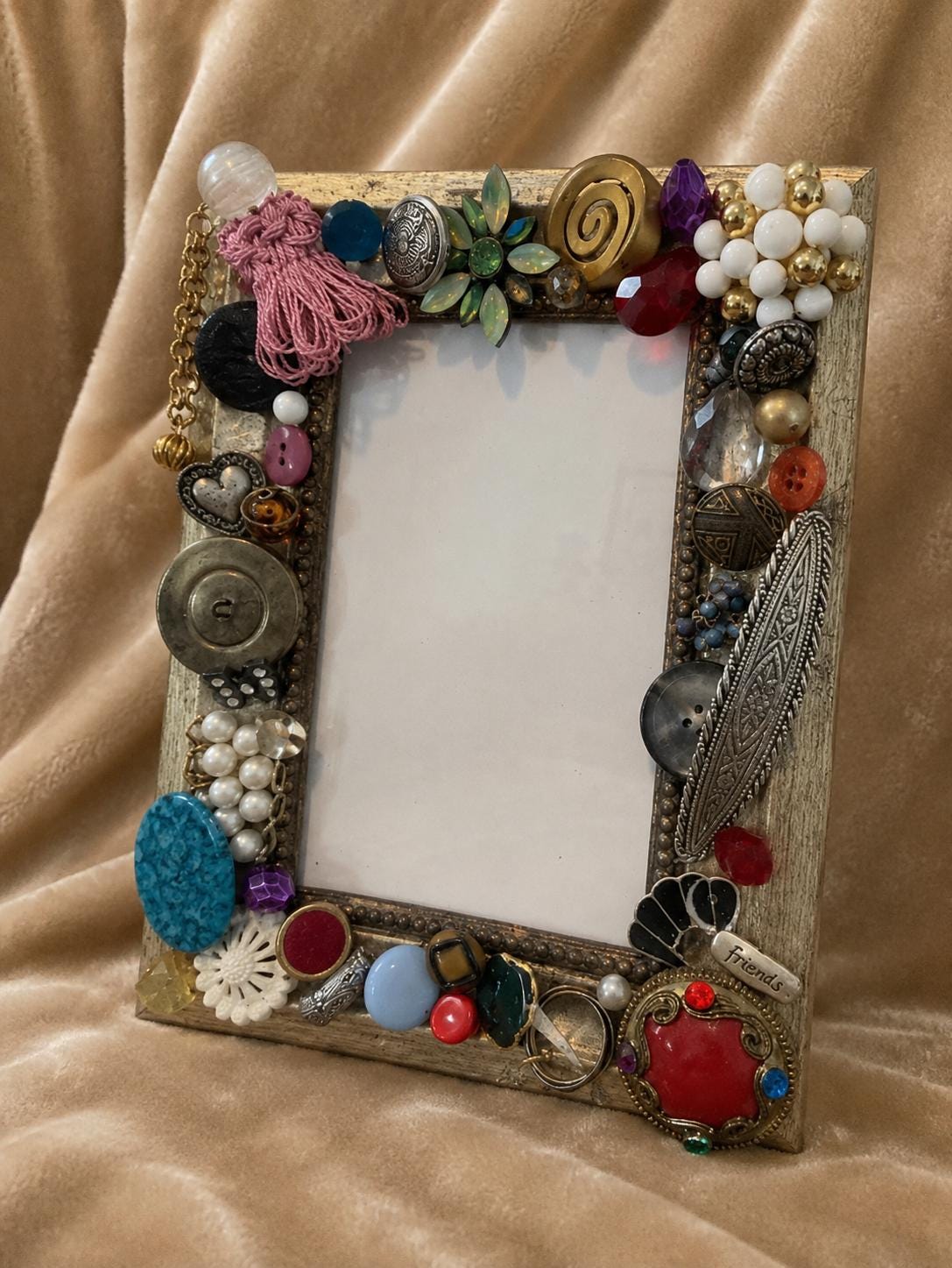 OOAK Handmade Vintage Jewelry Assemblage Picture Frame  Boho Eclectic Tabletop Photo Frame