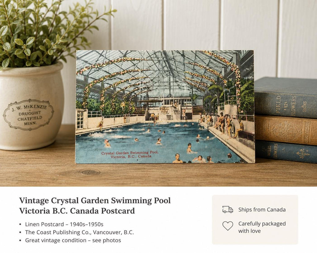Vintage Crystal Garden Swimming Pool Victoria B.C. Canada Linen Postcard
