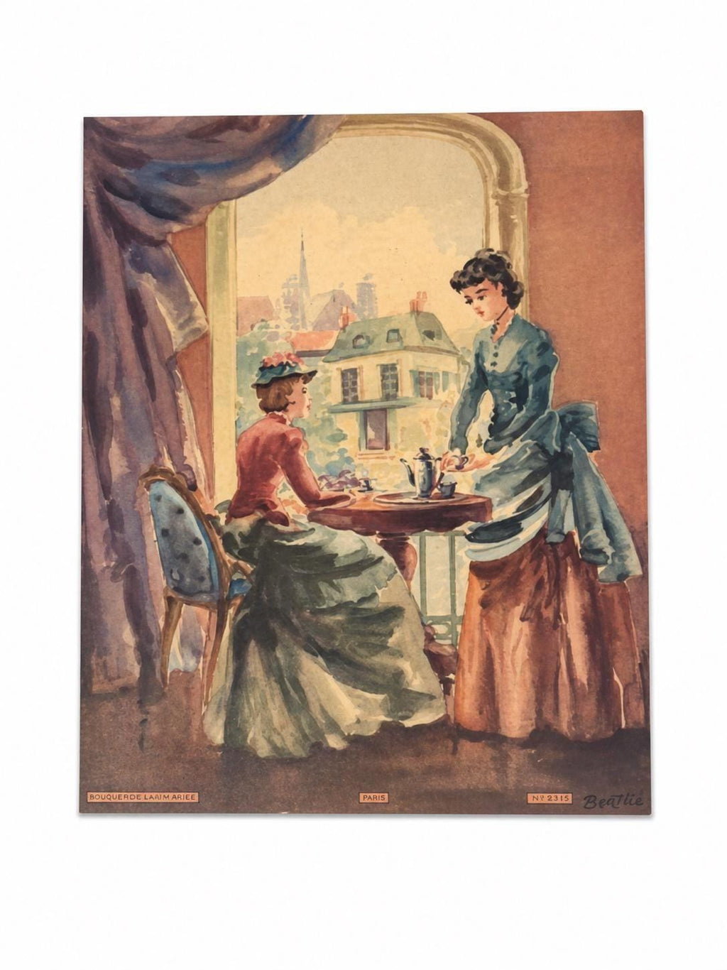 Vintage Paris Scene Lithograph: Title "Tea Time" Morris & Bendien NY