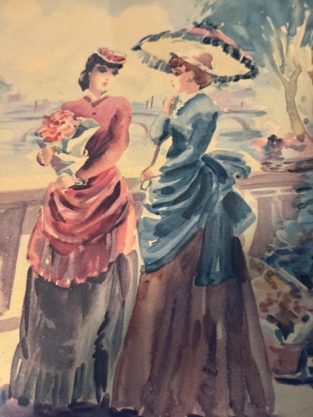 Victorian Era Ladies Artwork in Carved Wooden Frame  Vintage Wall Lithograph