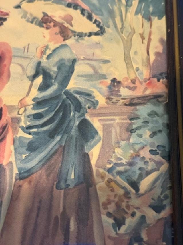 Victorian Era Ladies Artwork in Carved Wooden Frame  Vintage Wall Lithograph