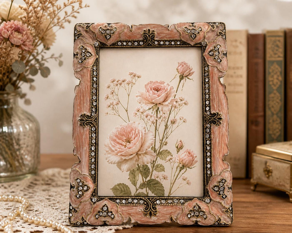 Ornate pink enamel and rhinestone metal picture frame, vintage style