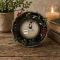 Vintage Floral Enamel Pewter Mini Picture Frame  2x2 Round Jeweled Photo Frame