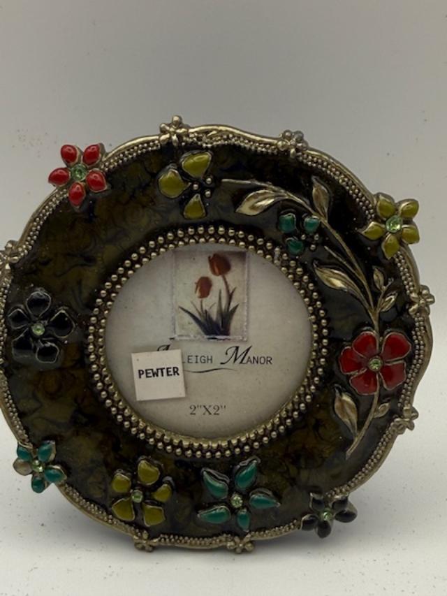 Vintage Floral Enamel Pewter Mini Picture Frame  2x2 Round Jeweled Photo Frame