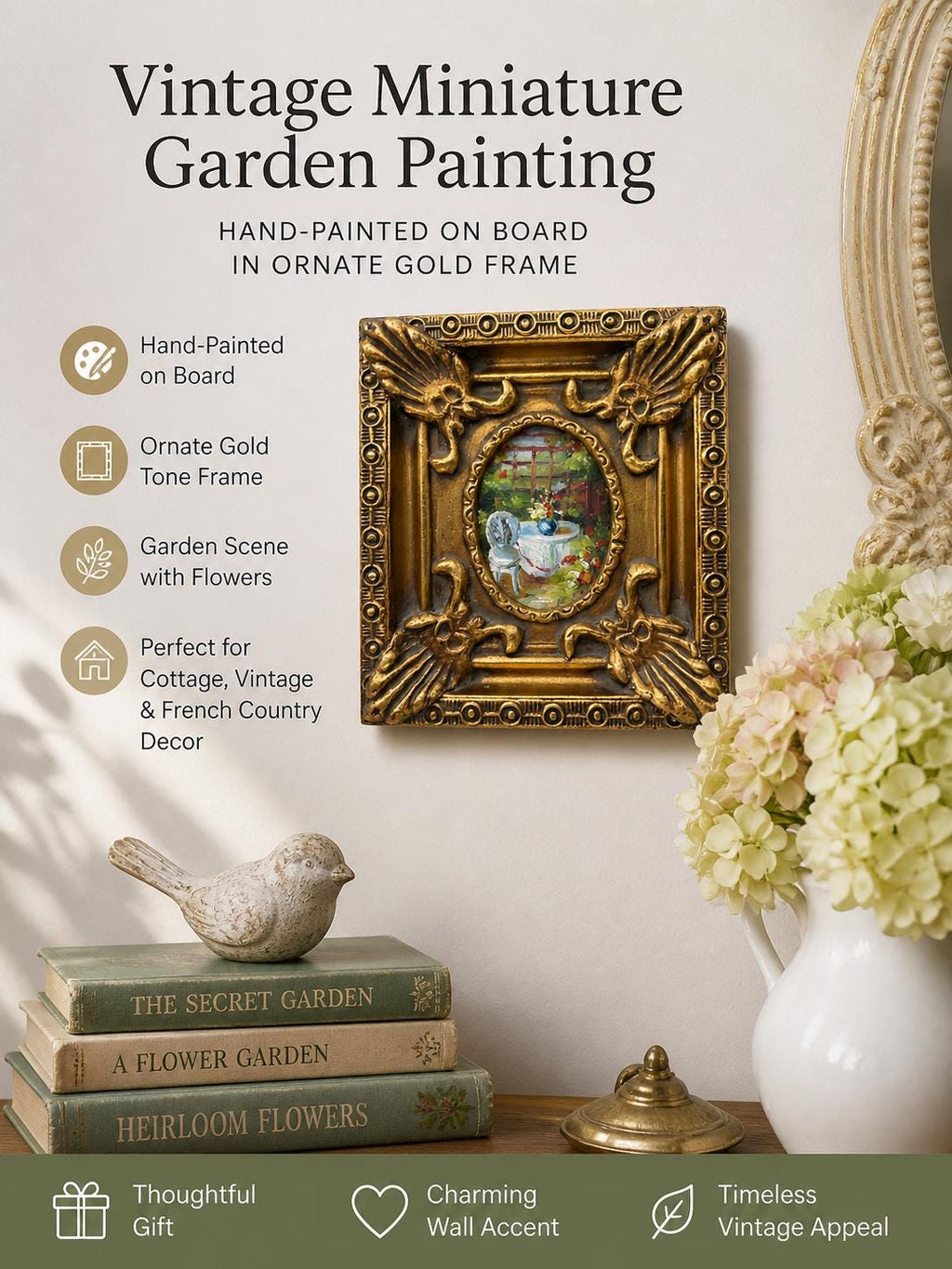 Miniature Garden Painting in ornate gold frame.