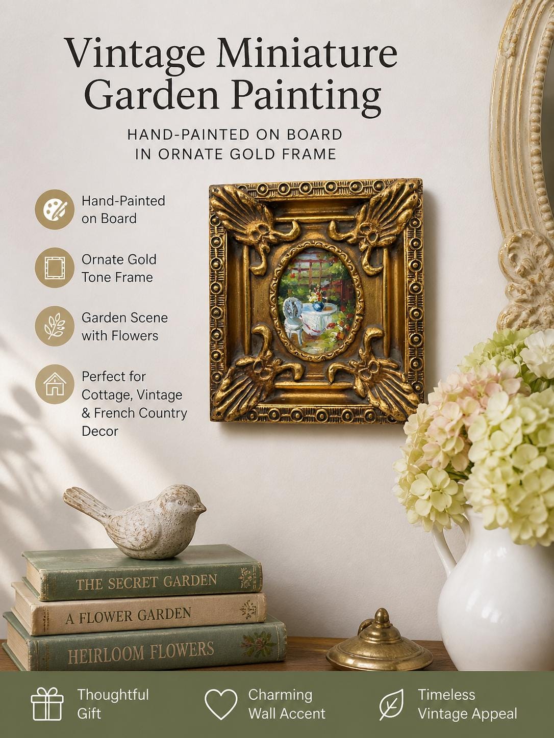 Miniature Garden Painting in ornate gold frame.