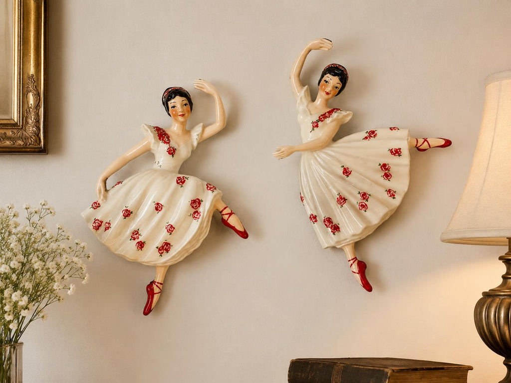Vintage Ceramic Arts Studio Ballerina Wall Plaques Pair Arabesque Attitude Kitch ceramics
