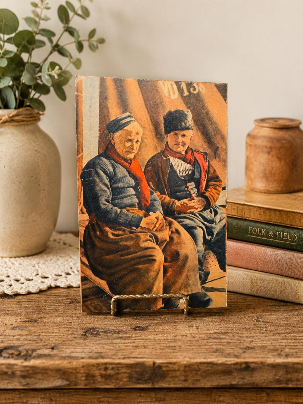 Dutch Fishermen Postcard c. 1940s Volendam Netherlands Colorized Photo Card