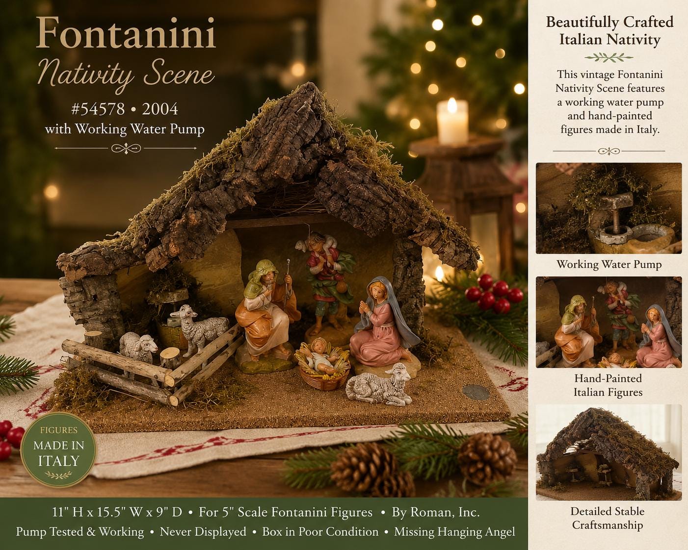 RARE Vintage Fontanini Nativity Scene  2004 Italian Stable, Working Water Pump, 5" Figures