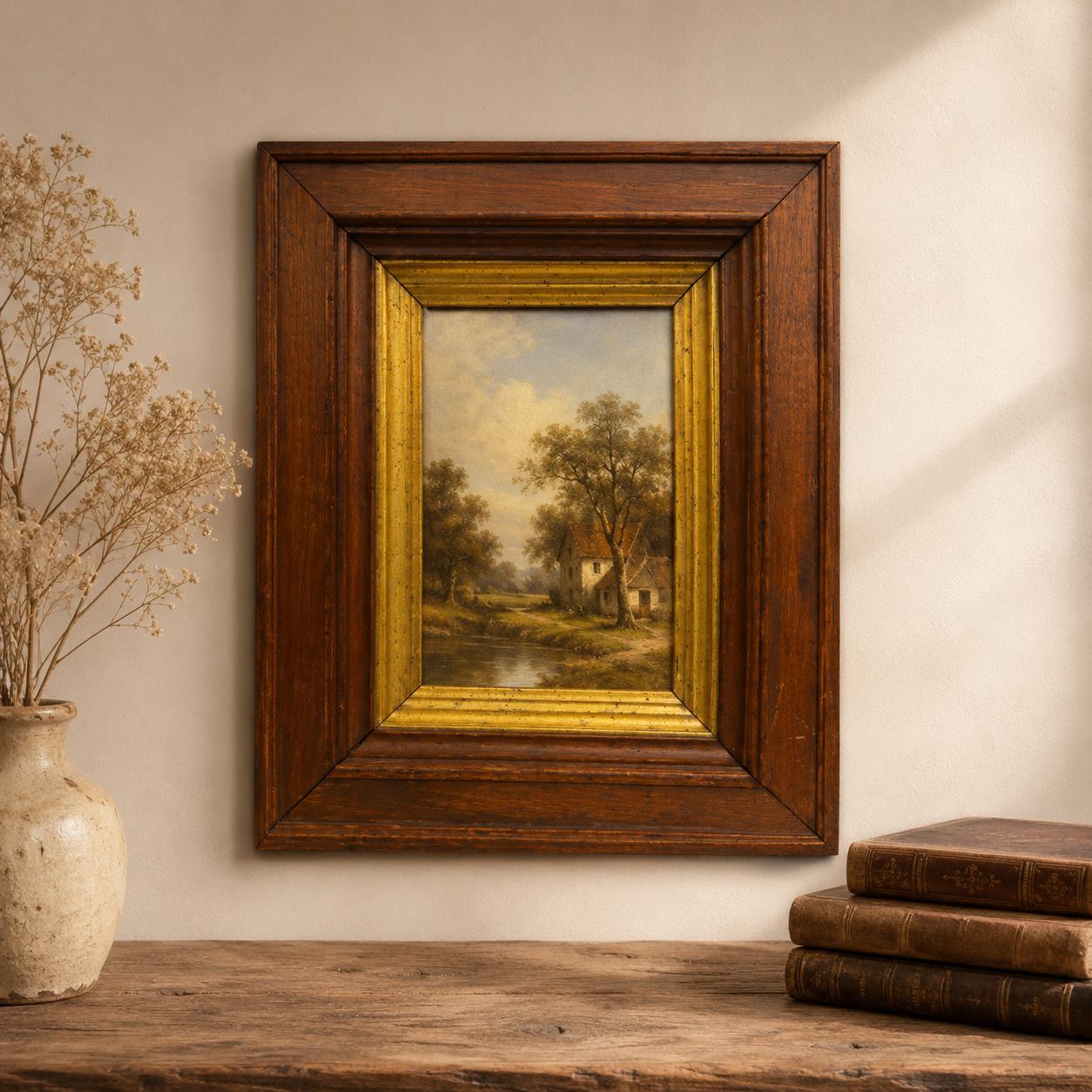 Vintage wood wall hanging frame with glass made between 1940-1970