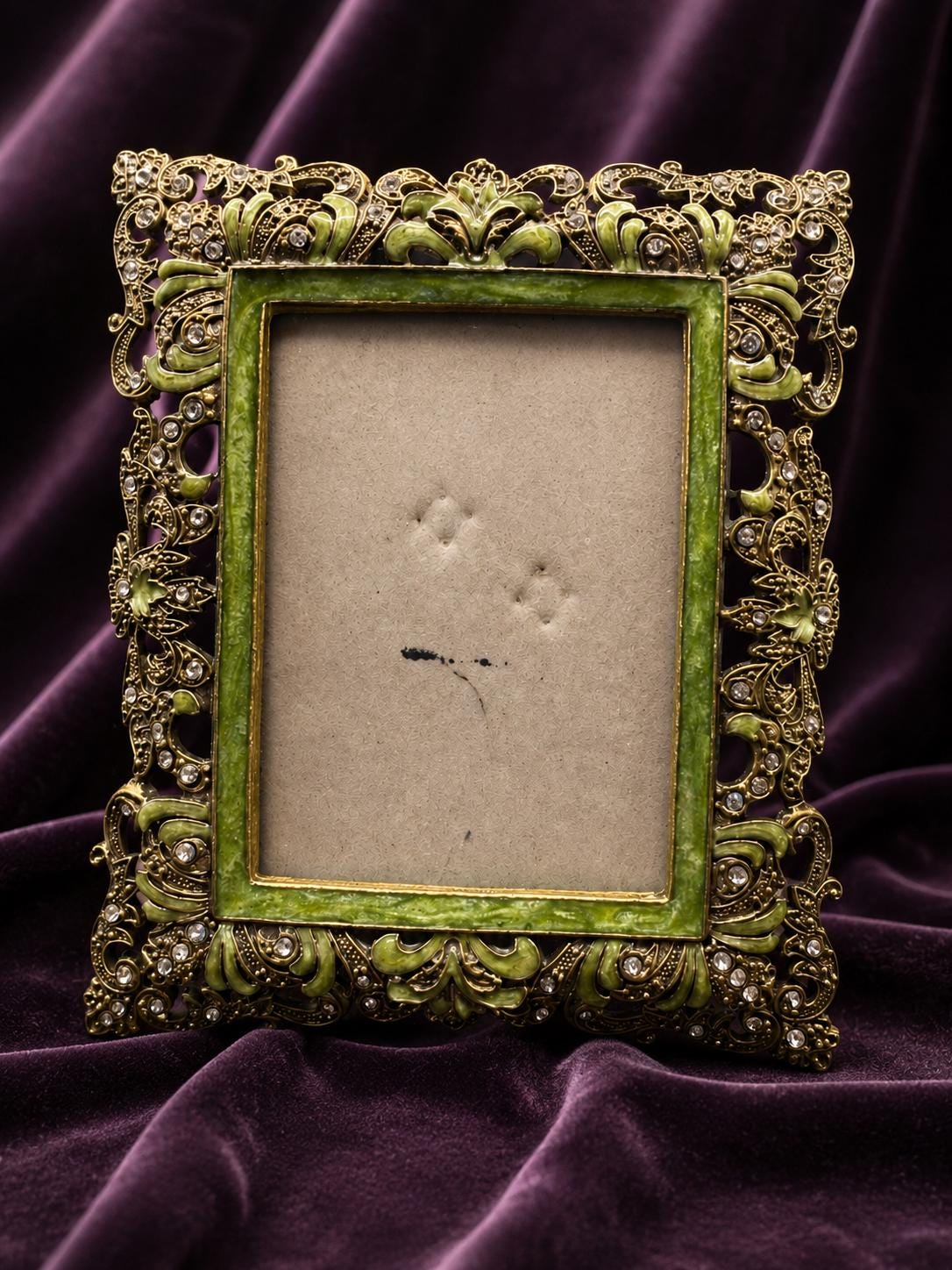 Ornate Gold Green Rhinestone Frame 4x5 Vintage Style Tabletop Picture Frame