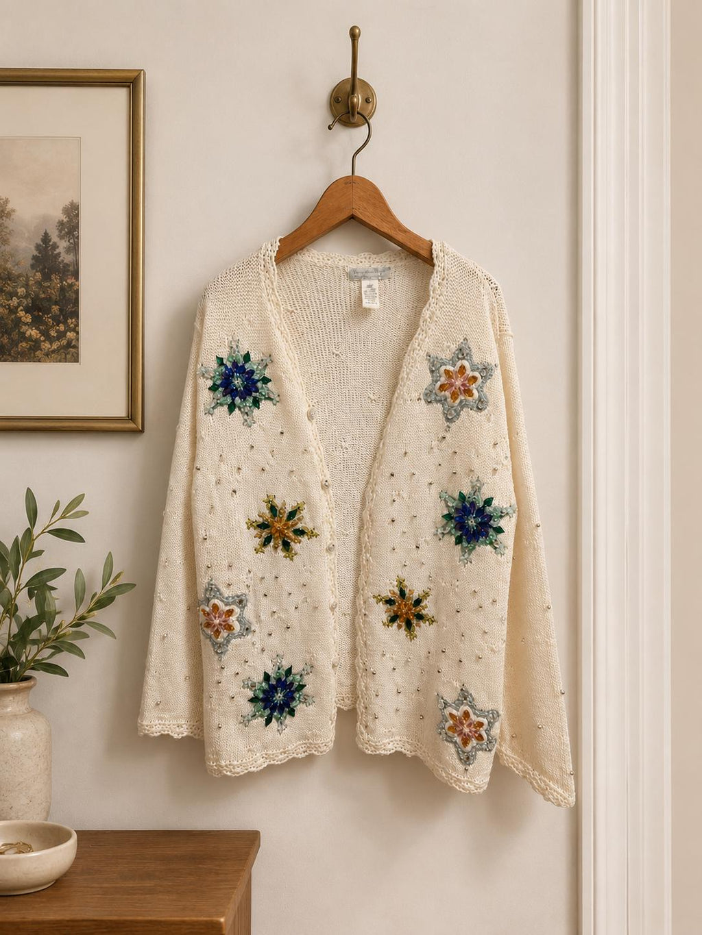 Christopher Radko Gold Star Cream Beaded Snowflake Knit Cardigan, Size Large