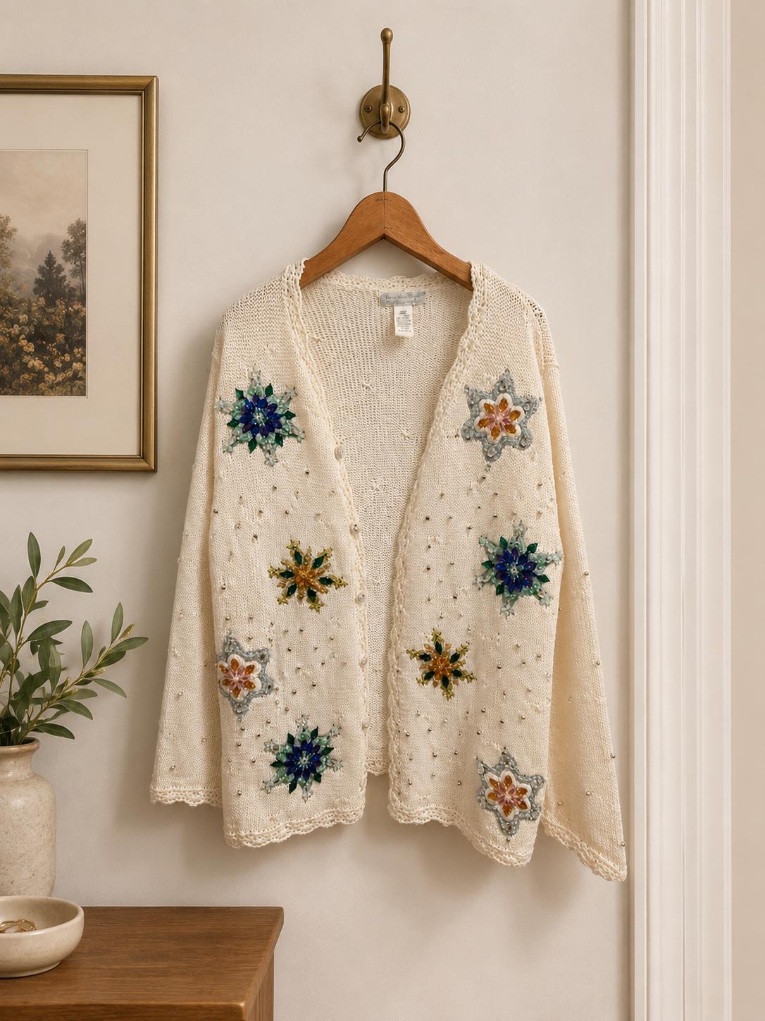Christopher Radko Gold Star Cream Beaded Snowflake Knit Cardigan, Size Large