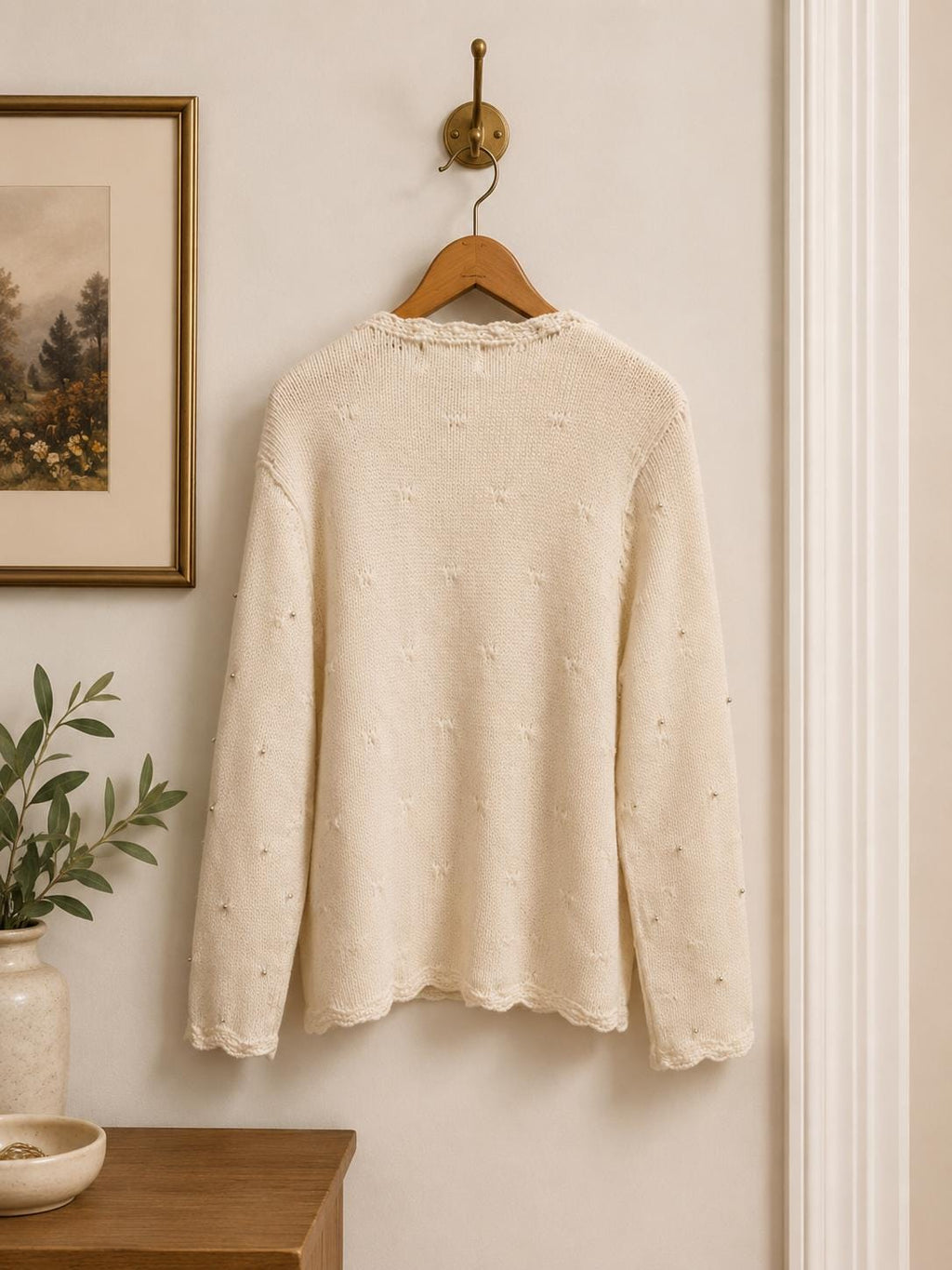 Christopher Radko Gold Star Cream Beaded Snowflake Knit Cardigan, Size Large