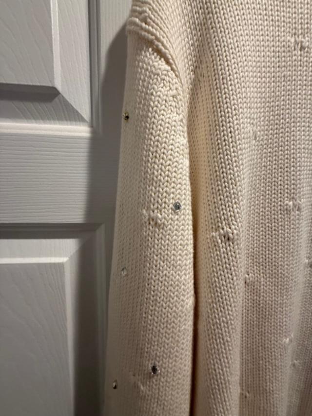 Christopher Radko Gold Star Cream Beaded Snowflake Knit Cardigan, Size Large