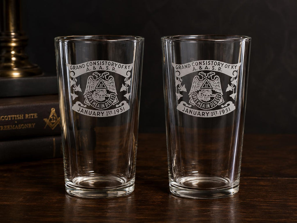 1951 Scottish Rite Masonic Glasses, Grand Consistory KY Tumblers, Vintage Fraternal Barware Pair