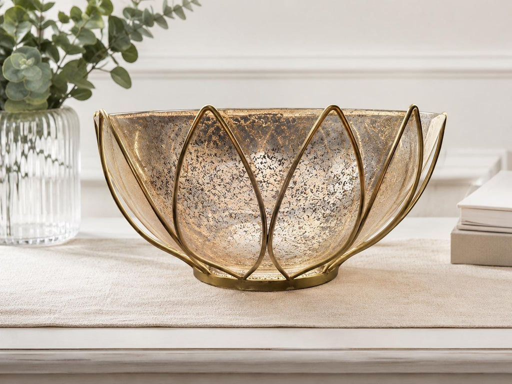 Vintage Lotus Glass Bowl, Gold Speckled Brass Frame, Mid Century Modern Hollywood Regency