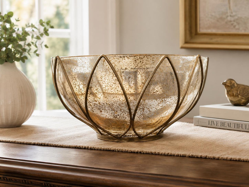 Vintage Lotus Glass Bowl, Gold Speckled Brass Frame, Mid Century Modern Hollywood Regency