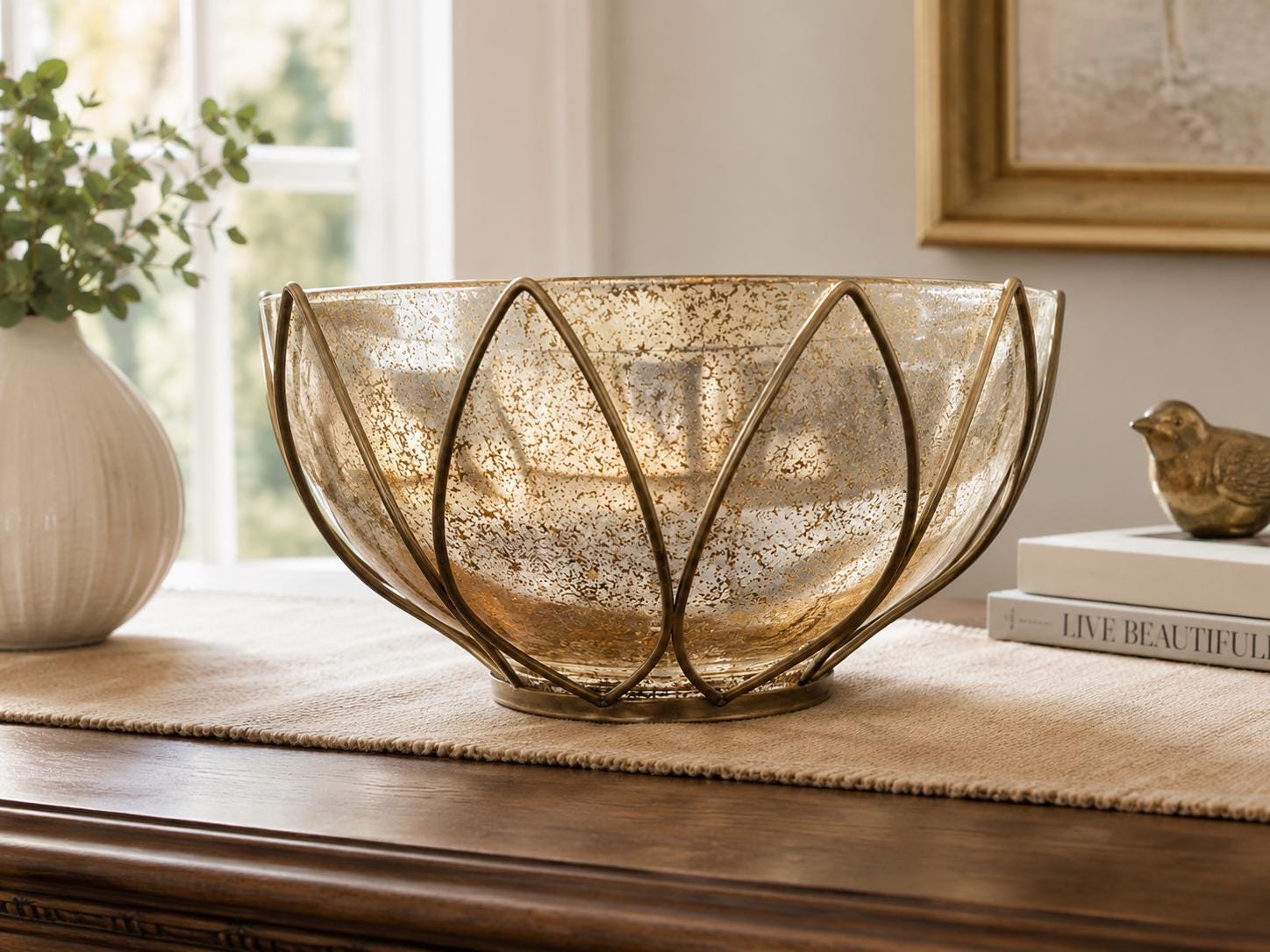Vintage Lotus Glass Bowl, Gold Speckled Brass Frame, Mid Century Modern Hollywood Regency