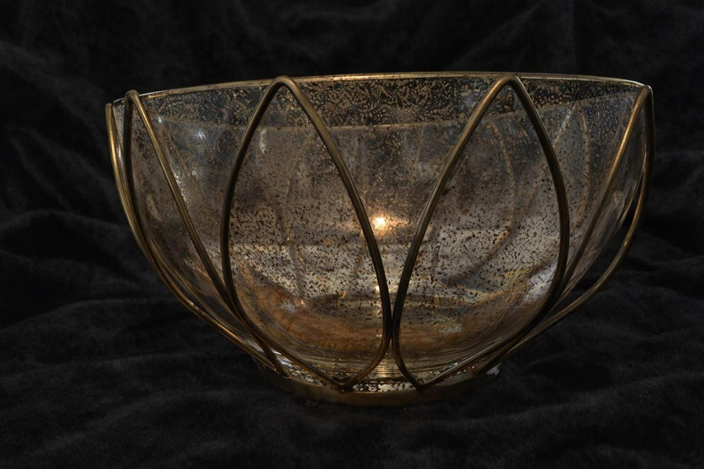 Vintage Lotus Glass Bowl, Gold Speckled Brass Frame, Mid Century Modern Hollywood Regency