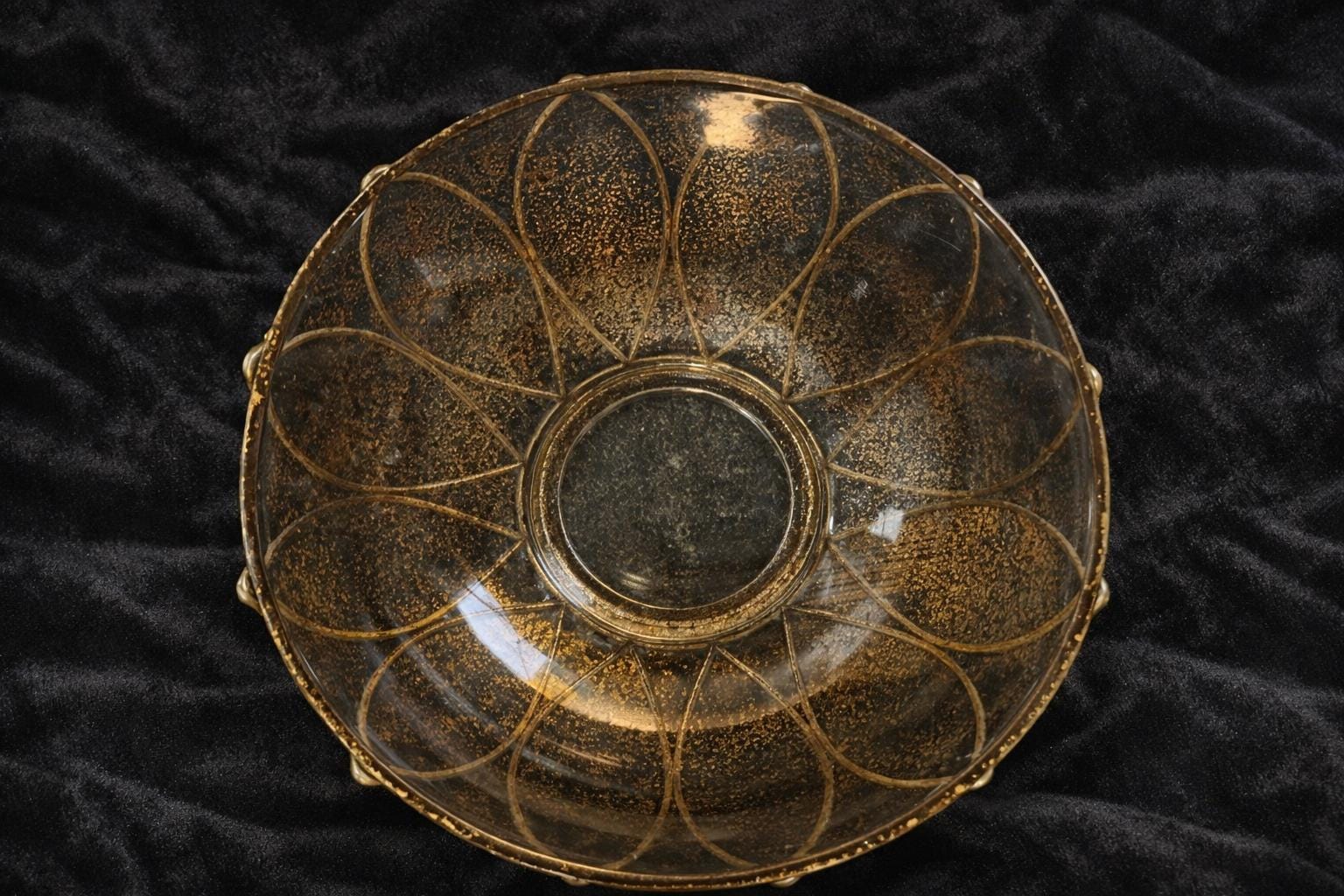Vintage Lotus Glass Bowl, Gold Speckled Brass Frame, Mid Century Modern Hollywood Regency