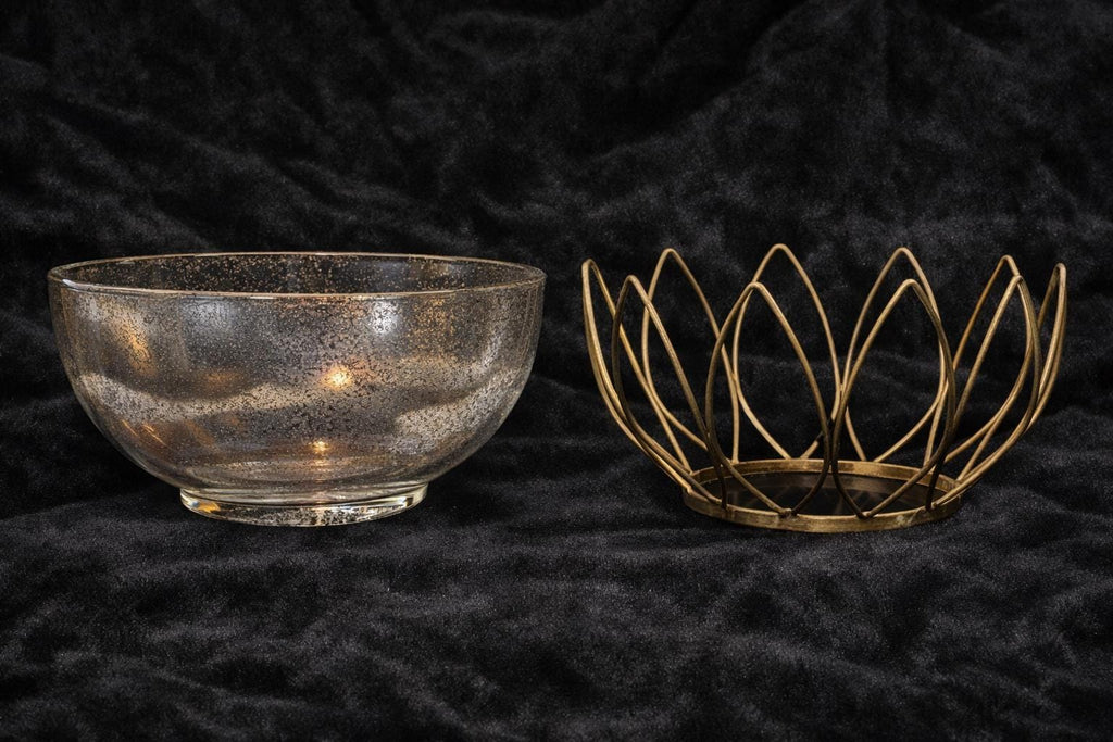 Vintage Lotus Glass Bowl, Gold Speckled Brass Frame, Mid Century Modern Hollywood Regency