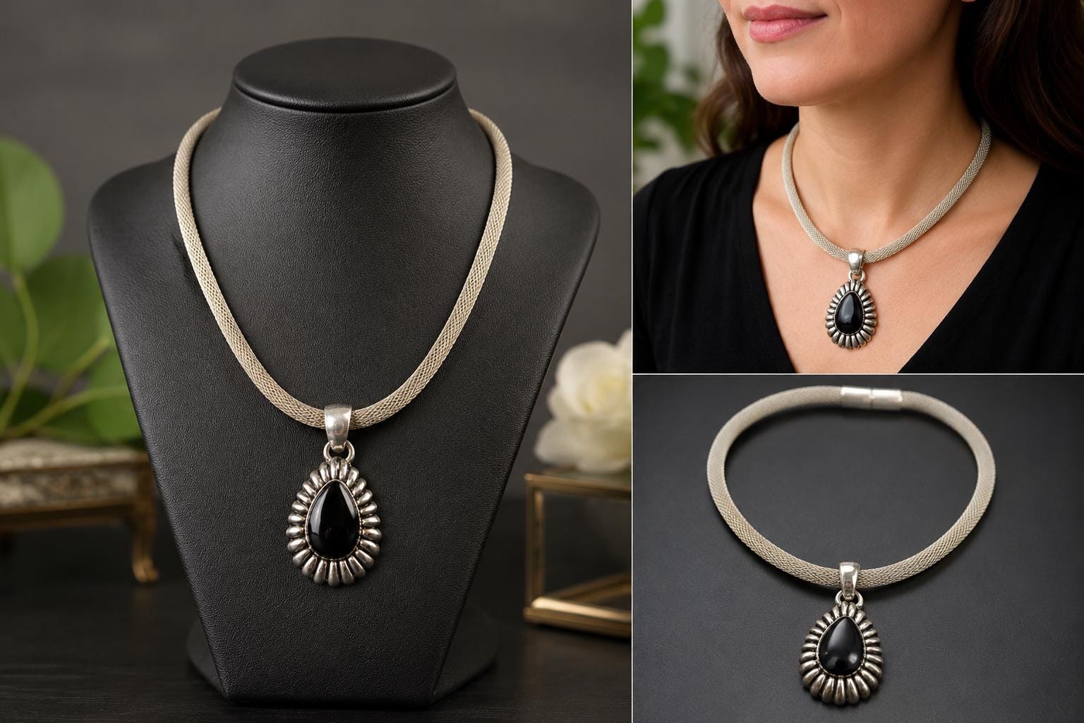 Vintage-Style Statement Necklace with Magnetic Clasp, Chunky Costume Jewelry, Modern Boho Evening Necklace