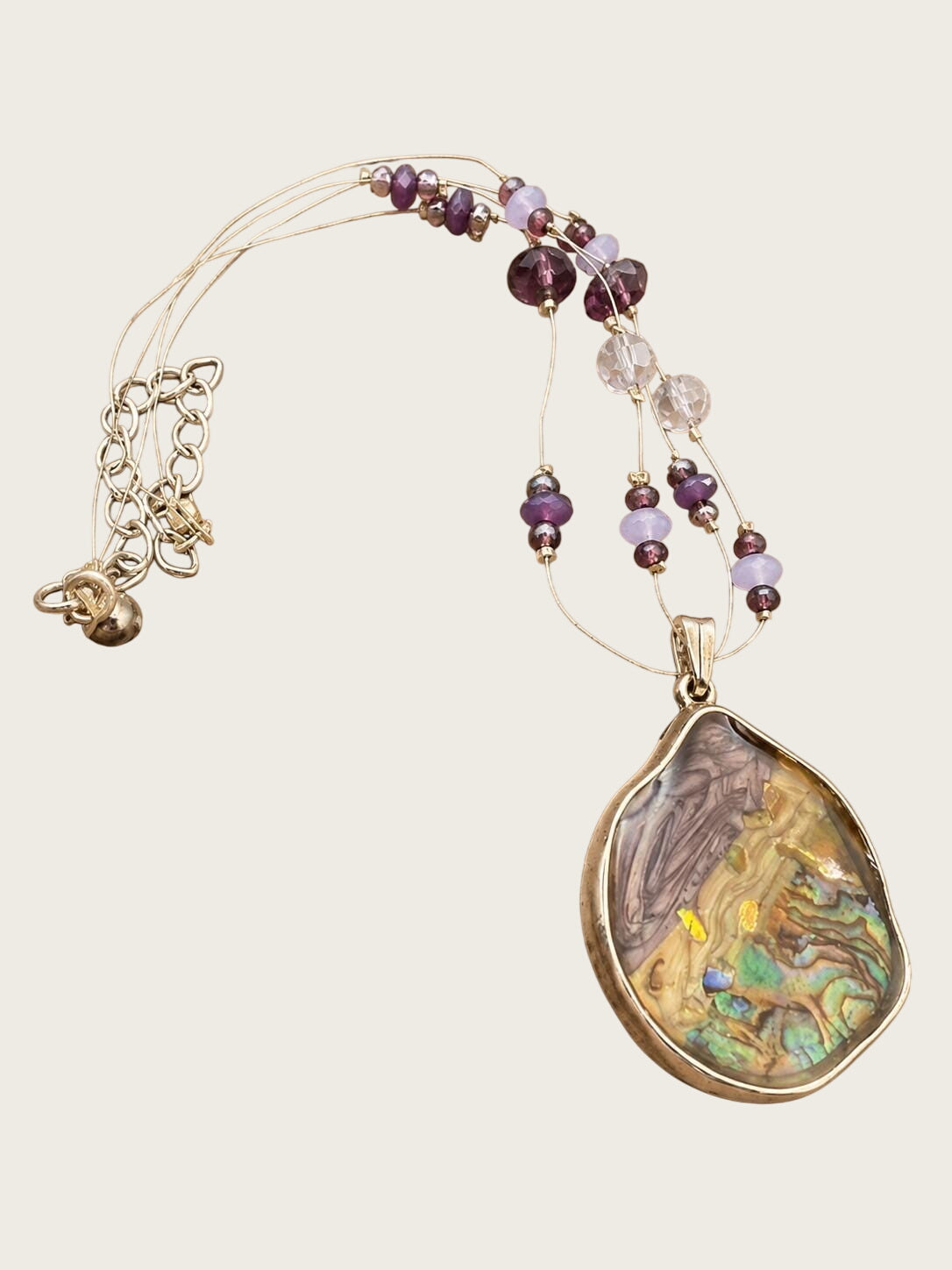 Abalone Shell Pendant Necklace, Purple Beaded Multi-Strand Fashion Necklace, Silver Tone Costume Jewelry