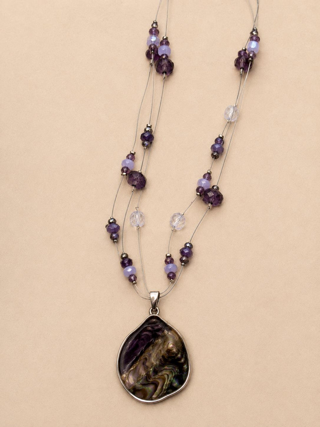 Abalone Shell Pendant Necklace, Purple Beaded Multi-Strand Fashion Necklace, Silver Tone Costume Jewelry