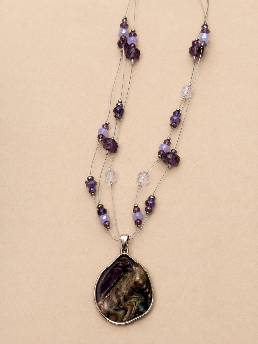 Abalone Shell Pendant Necklace, Purple Beaded Multi-Strand Fashion Necklace, Silver Tone Costume Jewelry