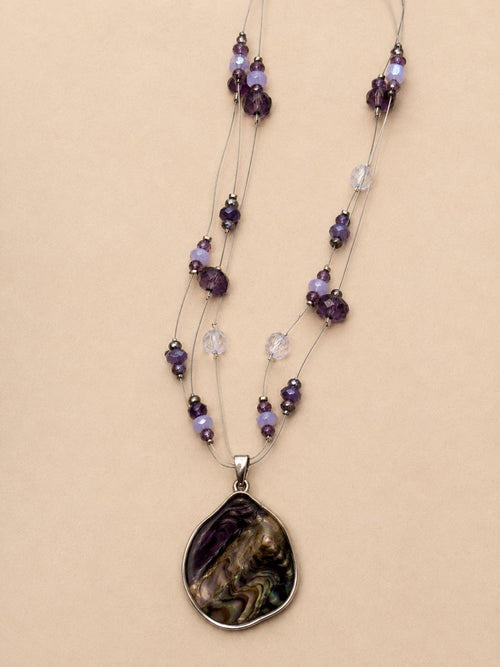Abalone Shell Pendant Necklace, Purple Beaded Multi-Strand Fashion Necklace, Silver Tone Costume Jewelry