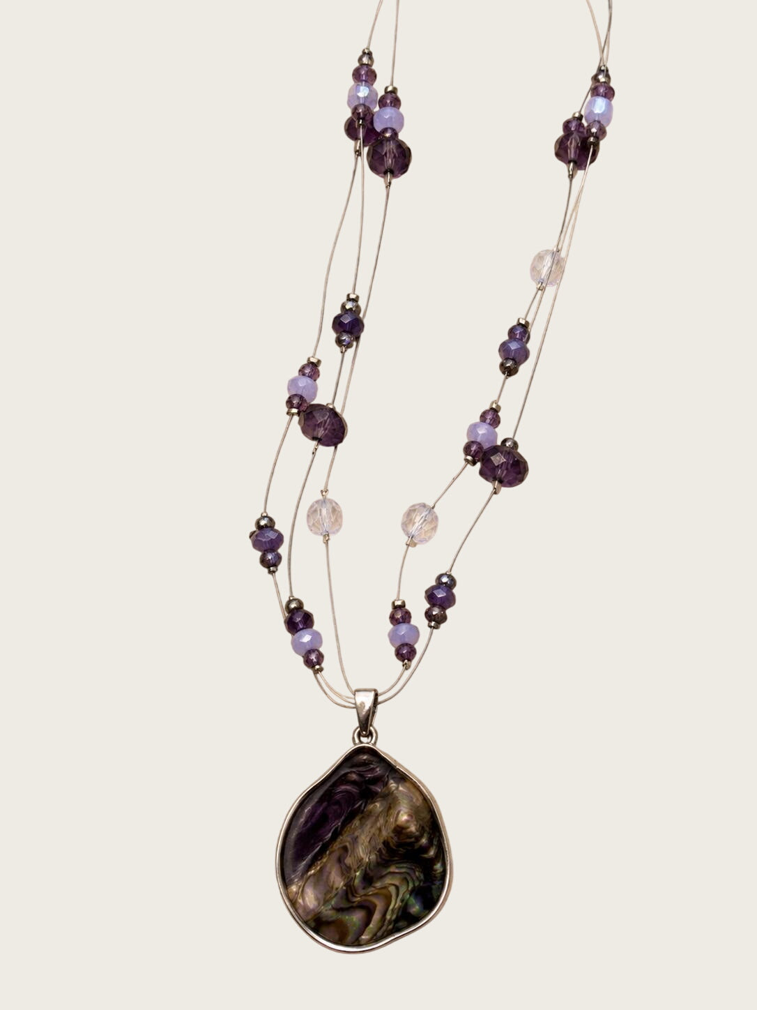 Abalone Shell Pendant Necklace, Purple Beaded Multi-Strand Fashion Necklace, Silver Tone Costume Jewelry