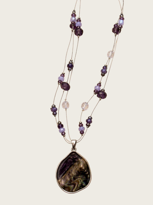 Abalone Shell Pendant Necklace, Purple Beaded Multi-Strand Fashion Necklace, Silver Tone Costume Jewelry