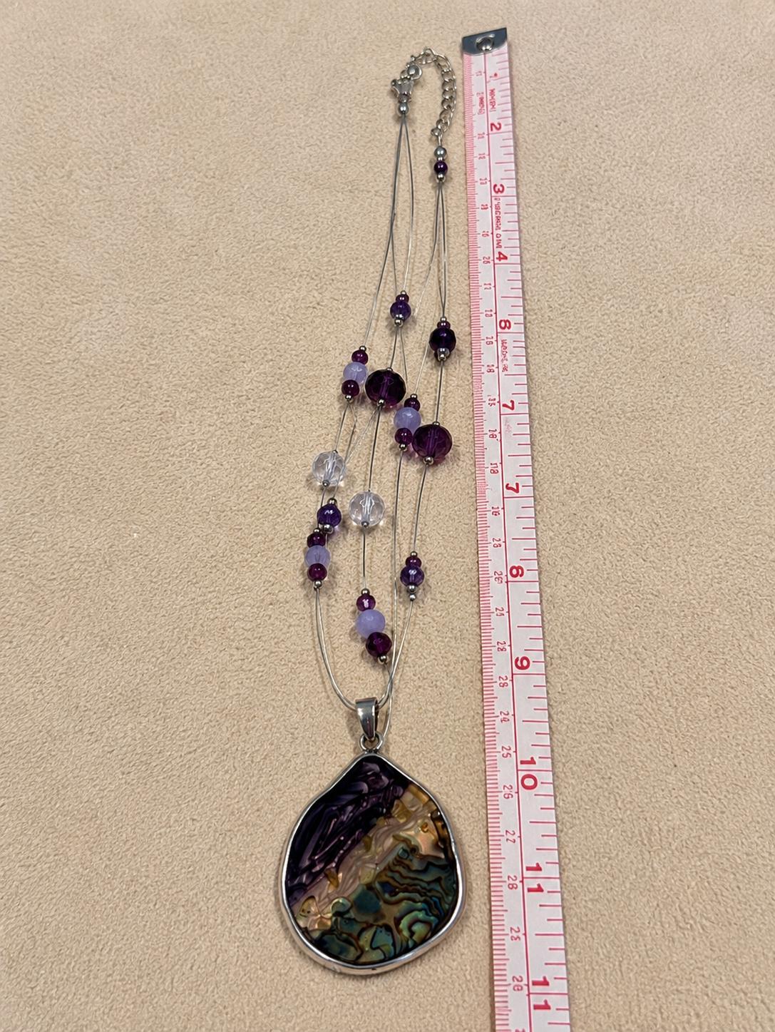 Abalone Shell Pendant Necklace, Purple Beaded Multi-Strand Fashion Necklace, Silver Tone Costume Jewelry